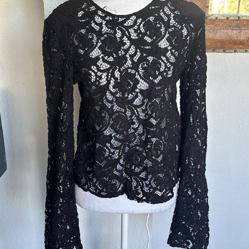 Zara Limited Edition Black Lace Whimsigoth Grunge Bell Sleeve Blouse Size Medium